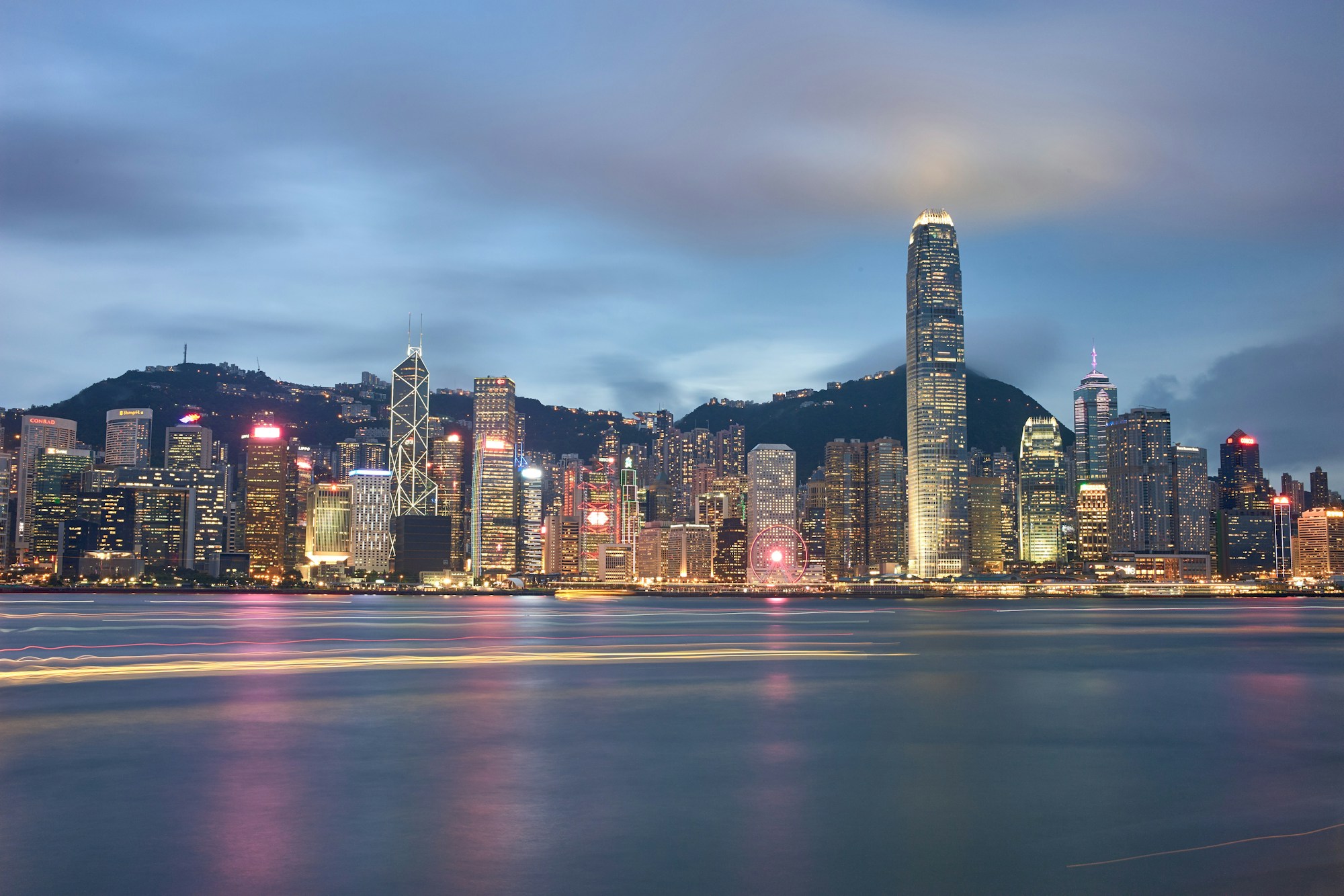 Hong Kong skyline across Victoria Harbour at dusk